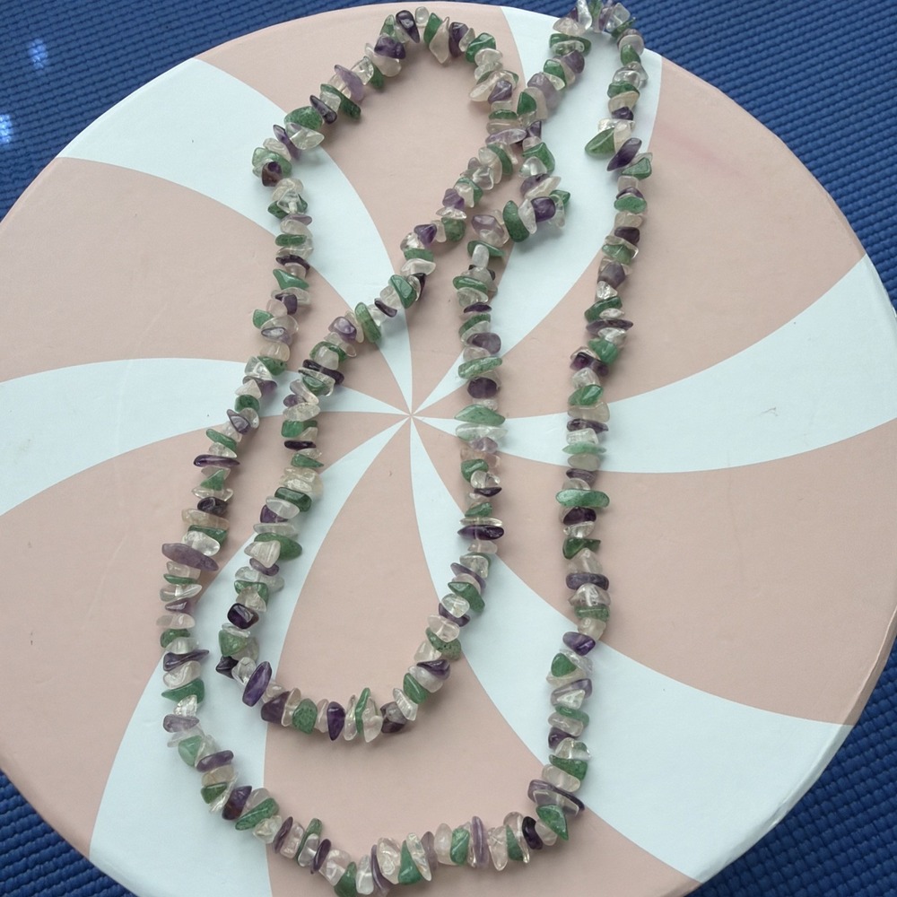 Vintage Necklace Stone Chip Pink Green Clear Jewelry Costume Long